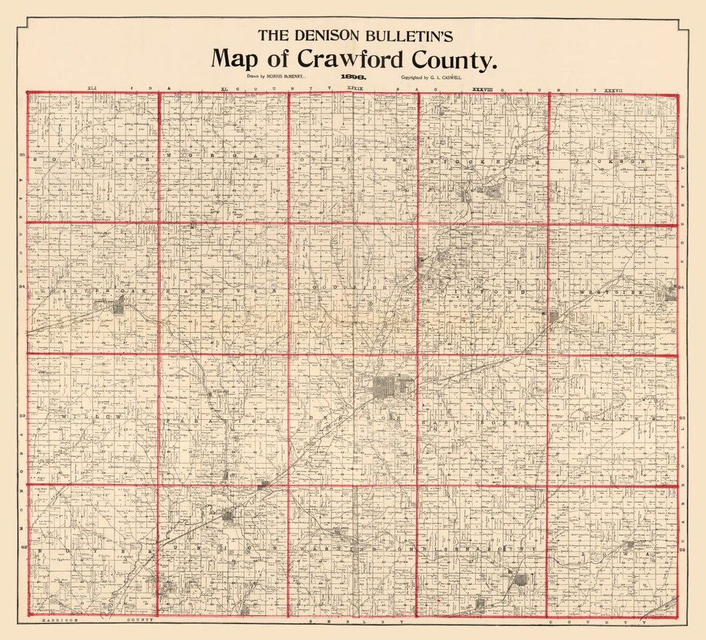 Vintage Map of Crawford County, Iowa 1898
