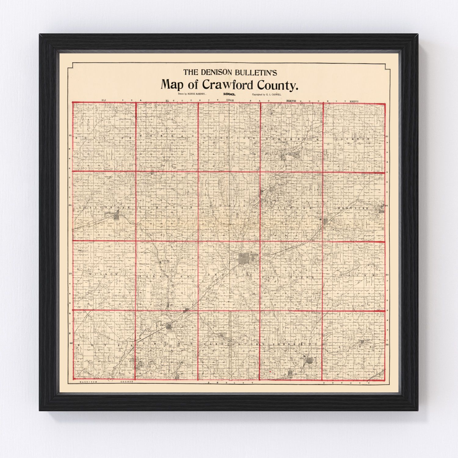 Vintage Map of Crawford County, Iowa 1898