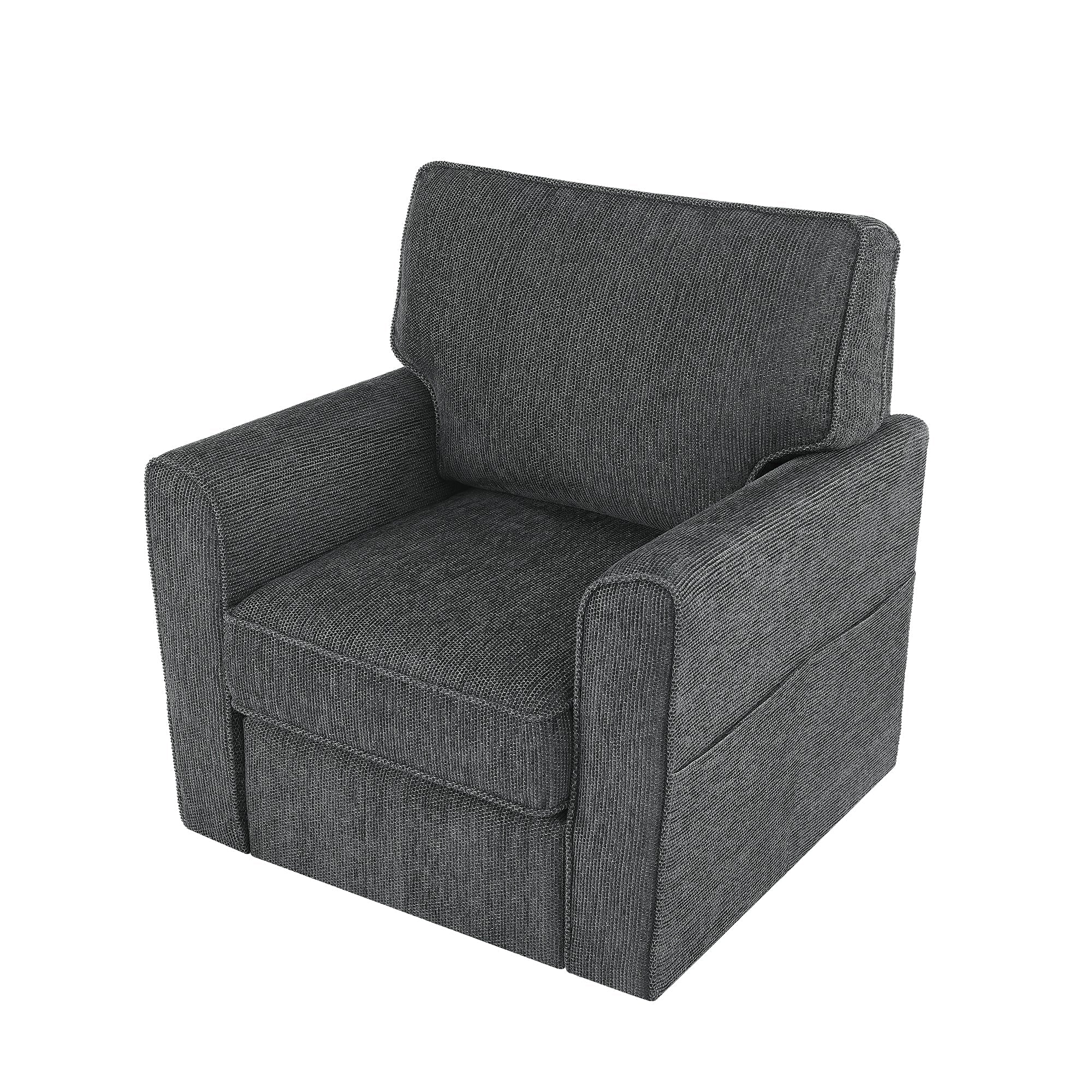 360° Swivel Chair Accent Barrel Armchair with Side Pockets, Grey Chenille, Compact Design for Living Room, Bedroom, Office