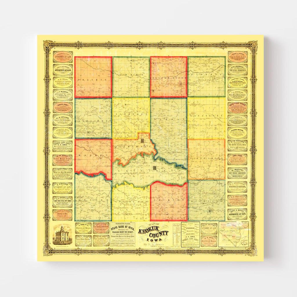 Vintage Map of Keokuk County, Iowa 1861