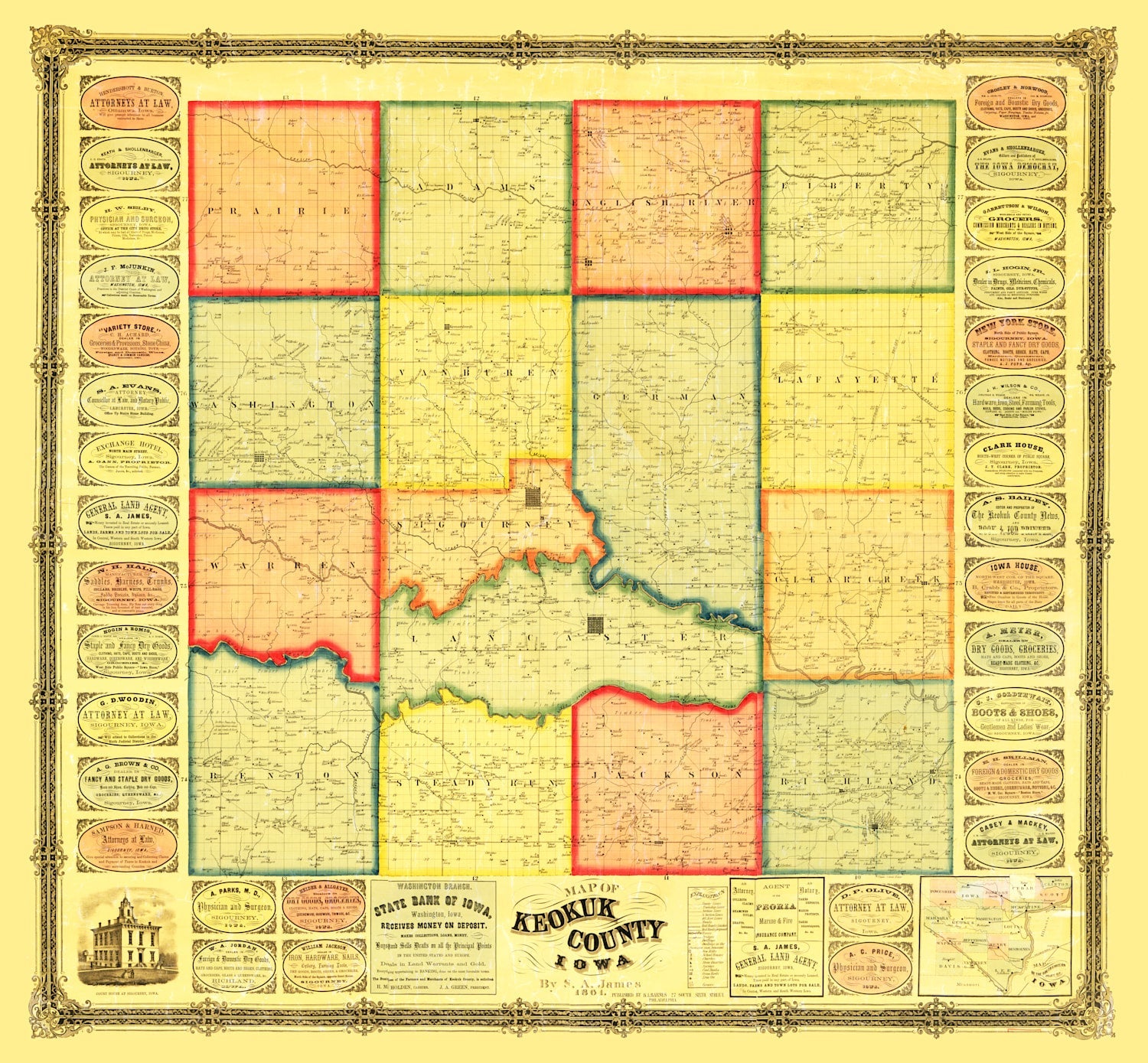Vintage Map of Keokuk County, Iowa 1861