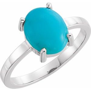 14K White Gold 8x6 mm Oval Natural Turquoise Cabochon Ring