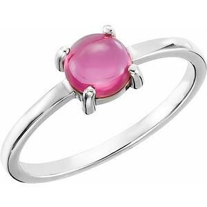 14K White Gold 6 mm Round Natural Pink Tourmaline Cabochon Ring