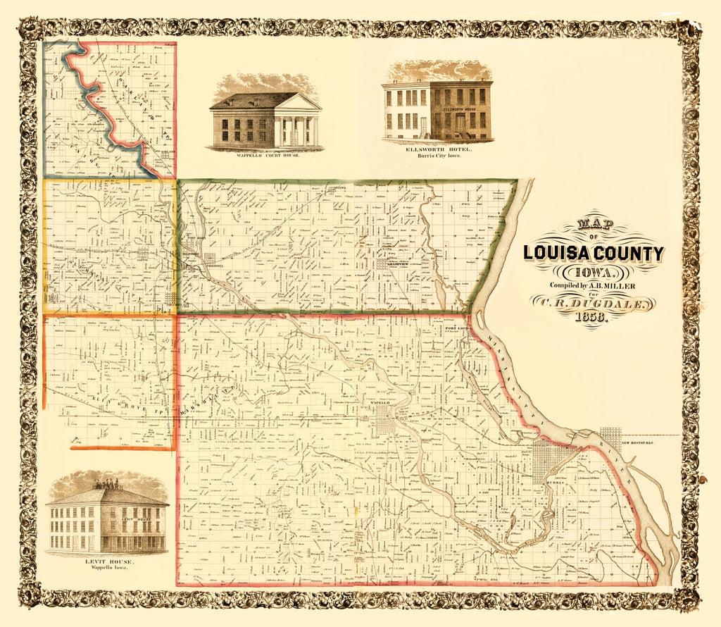 Vintage Map of Louisa County, Iowa 1858