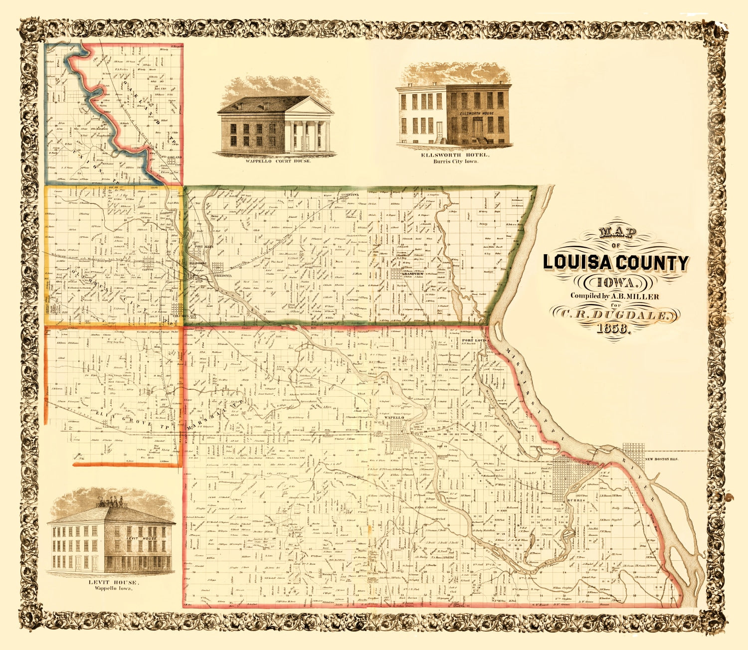 Vintage Map of Louisa County, Iowa 1858