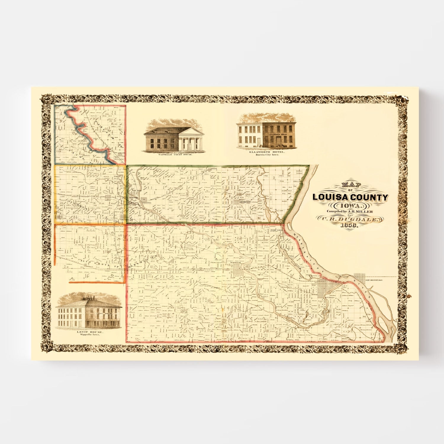 Vintage Map of Louisa County, Iowa 1858