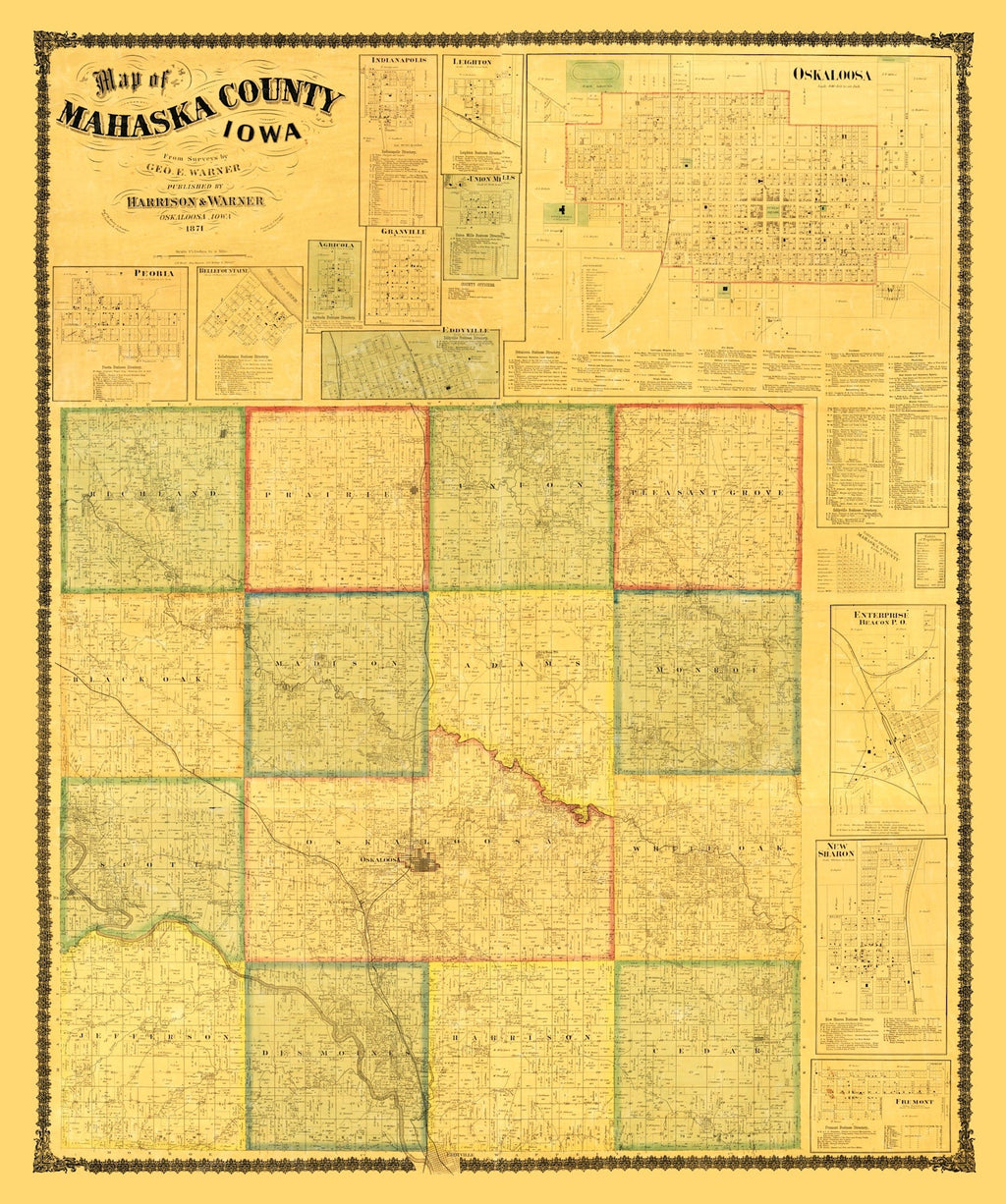 Vintage Map of Mahaska County, Iowa 1871