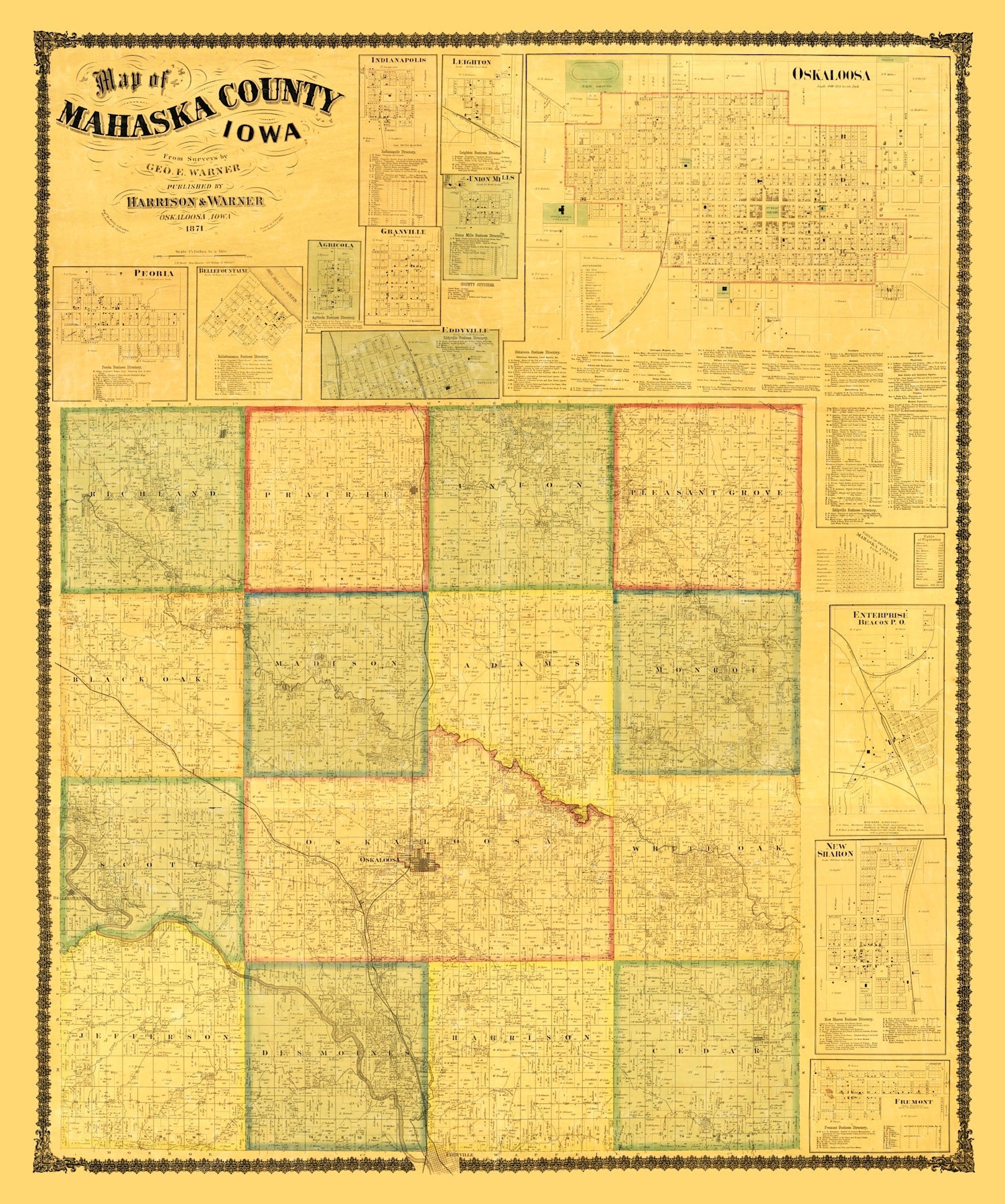 Vintage Map of Mahaska County, Iowa 1871