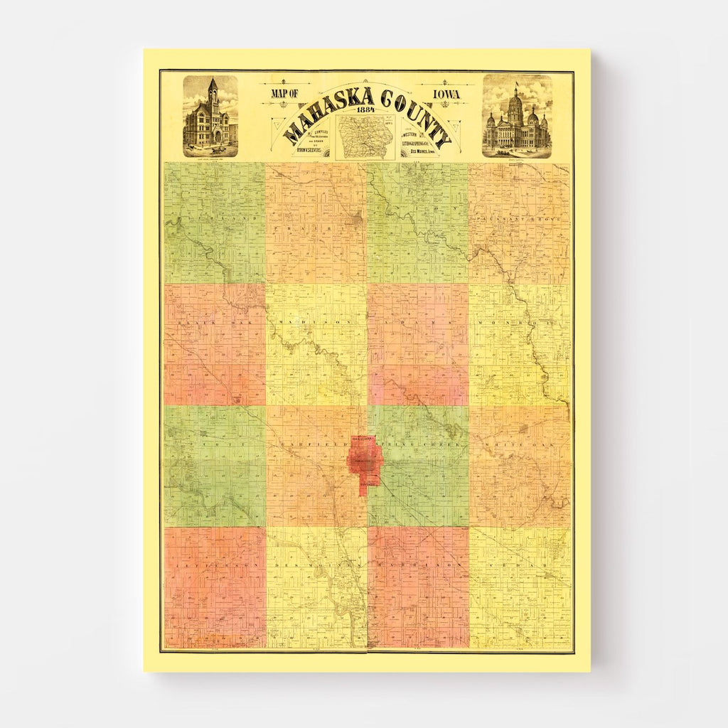 Vintage Map of Mahaska County, Iowa 1884