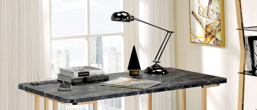 Contemporary Desk With Faux Marble On Top USB & Power Outlet, Gold/Black