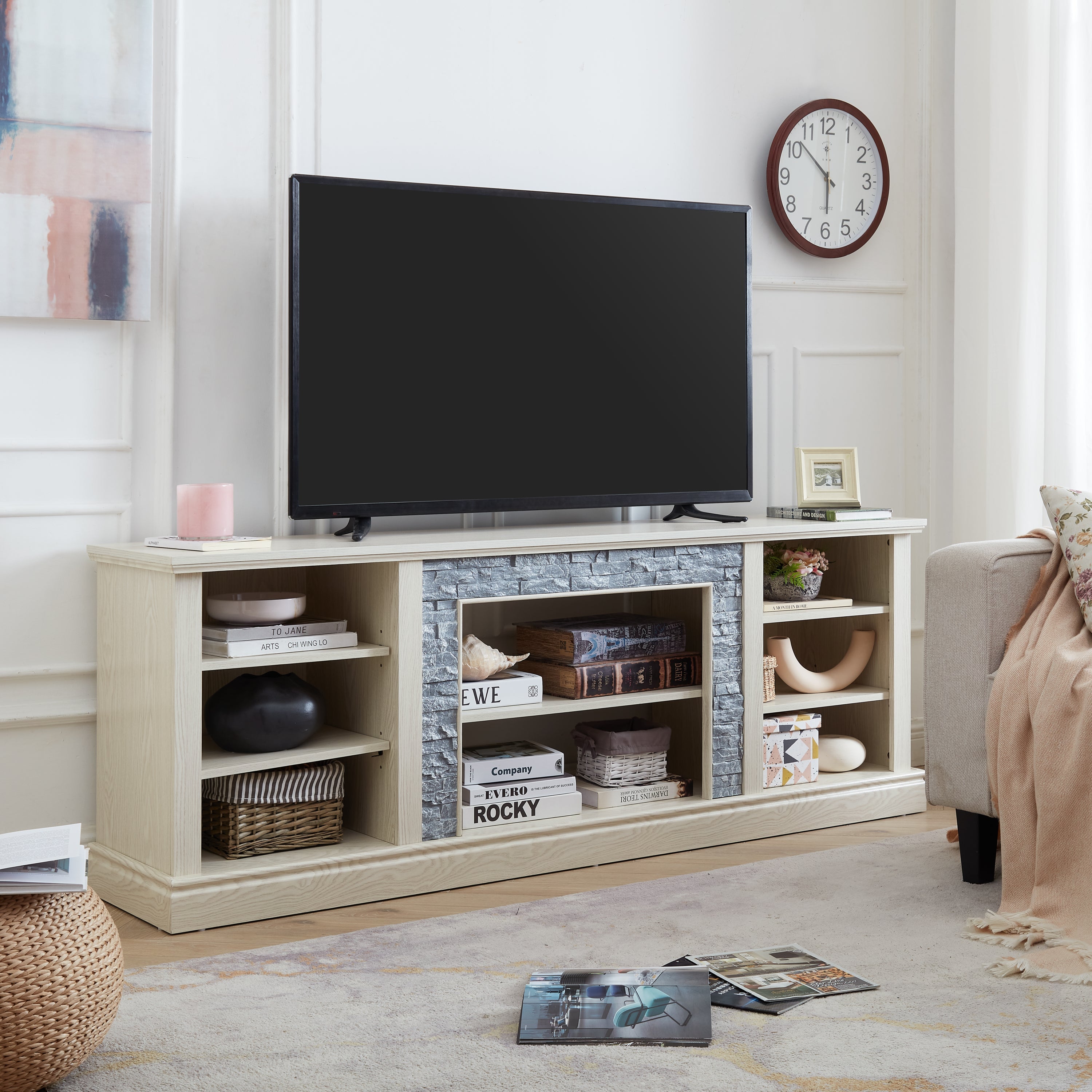 Large TV Desk Storage Rack with Faux Stacked Stone Surround,Media Console Table with Large Storage Cabinet,Modern TV Media Entertaionment Stand,WHITE, 70.12'W*15.35'D*25.83'H