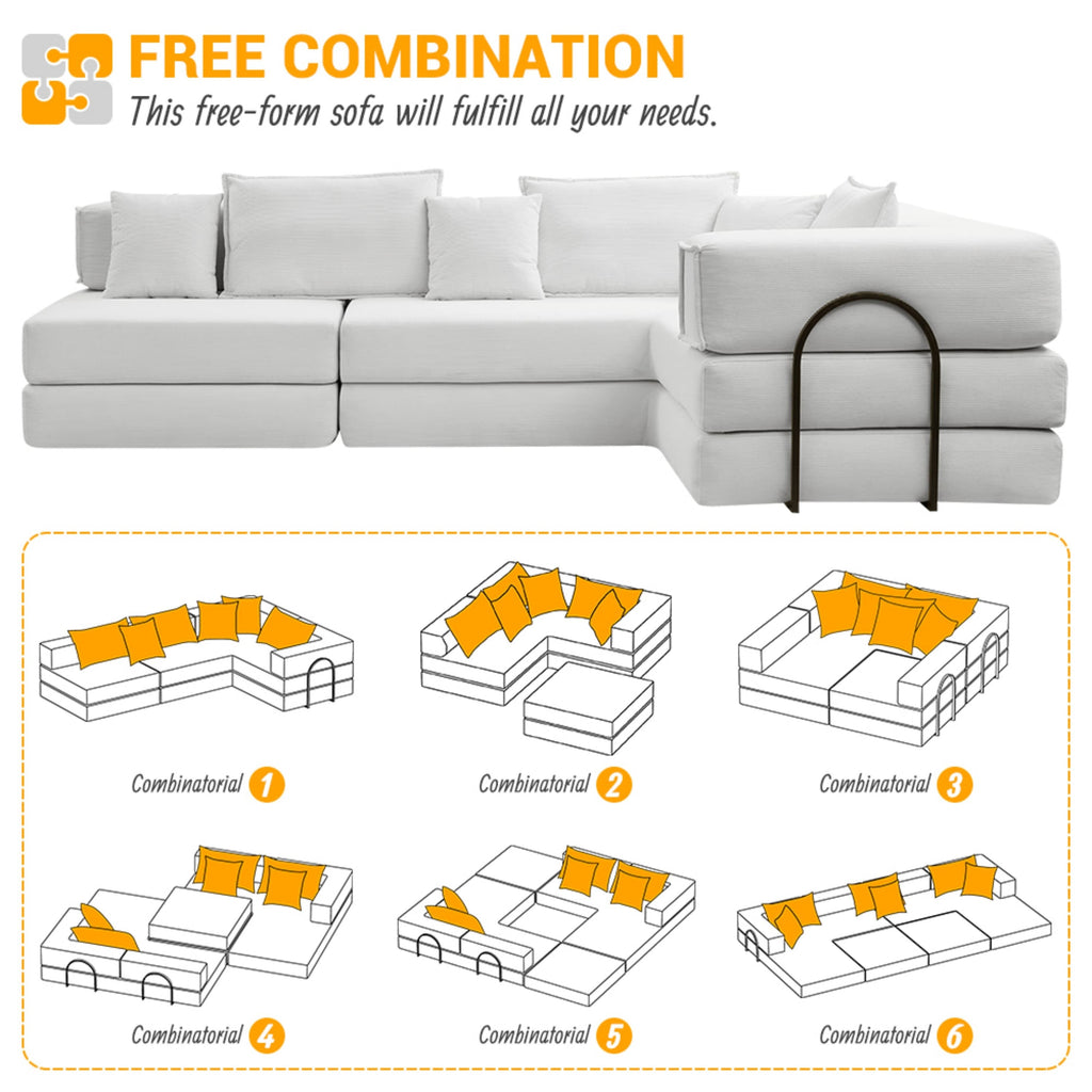 Oversized Upholstered Sectional Sofa Couch Set, Modular 118.2 ' L Shaped Floor Living Room Sofa Set With 6 Pillows, DIY Combination Sofa Couch for living rooms, apartments,bedrooms, White