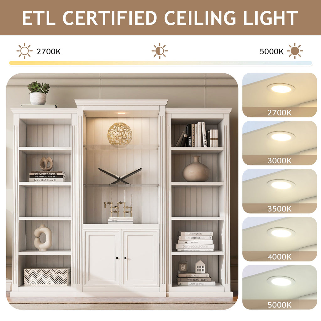 Retro Style 3-Piece Bookcase Display Cabinet with Adjustable LED Lighting, Tempered Glass Shelves, White