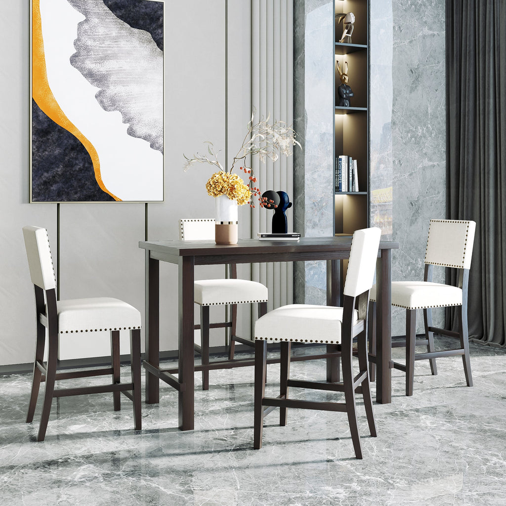 TREXM Classic Elegant 5-Piece Counter Height Dining Set with Table and 4 Chairs in Espresso and Beige