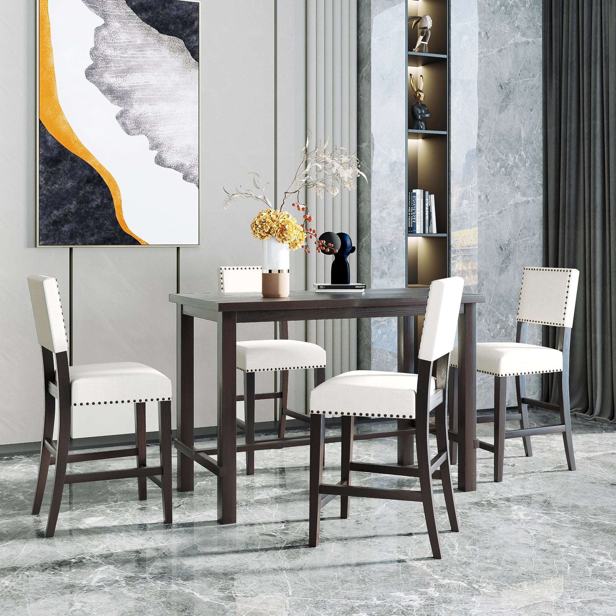 TREXM Classic Elegant 5-Piece Counter Height Dining Set with Table and 4 Chairs in Espresso and Beige