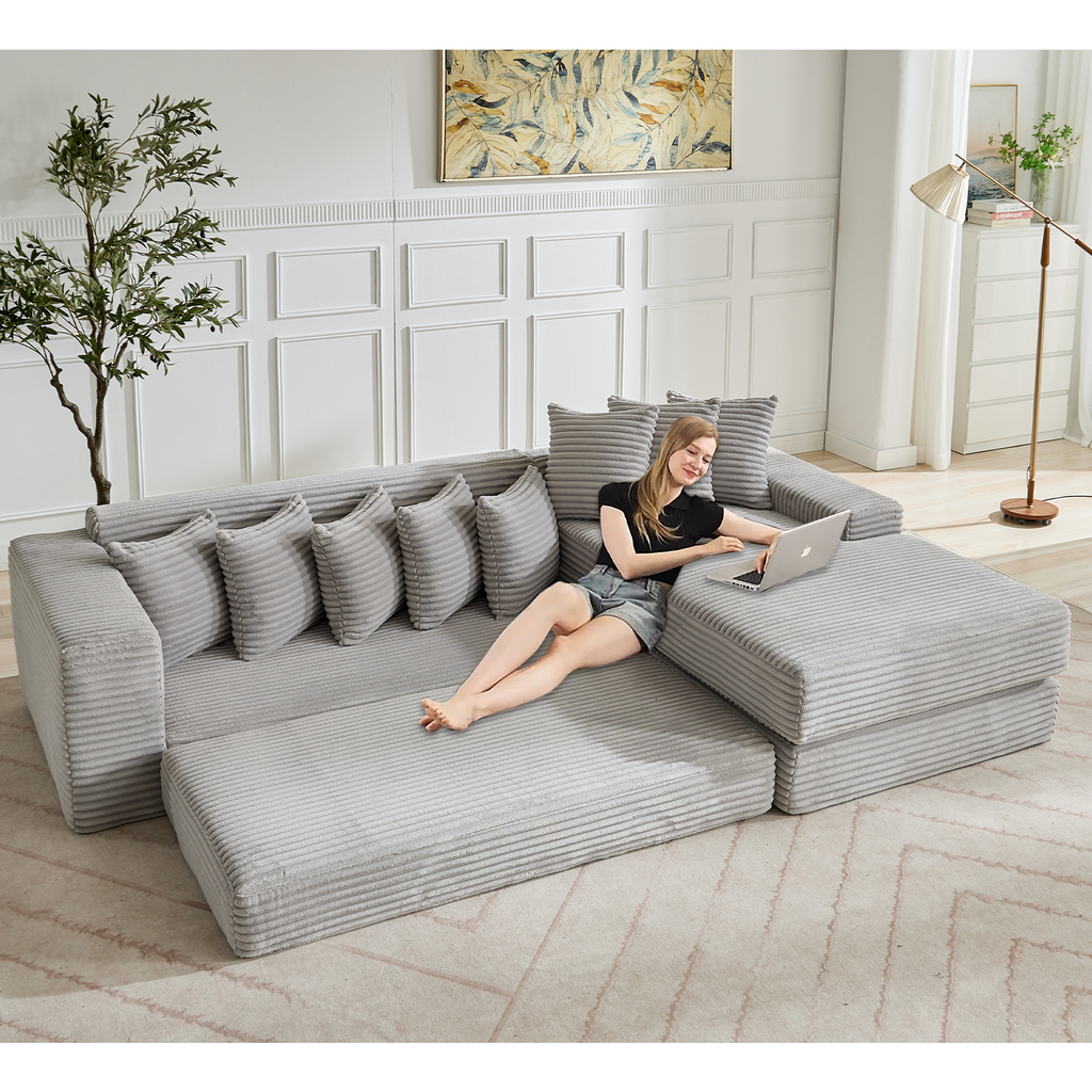 [NEW ARRIVED] [VIDEO PROVIDED] Oversize Cloud Couch, L-Shape Sofa, Convertible Floor Sleeper Sofa Bed, No Assembly ,Eight pillows,3-in-1,Magazine bag,(Right Facing Sofa),3 Seat,Corduroy,Light Gray