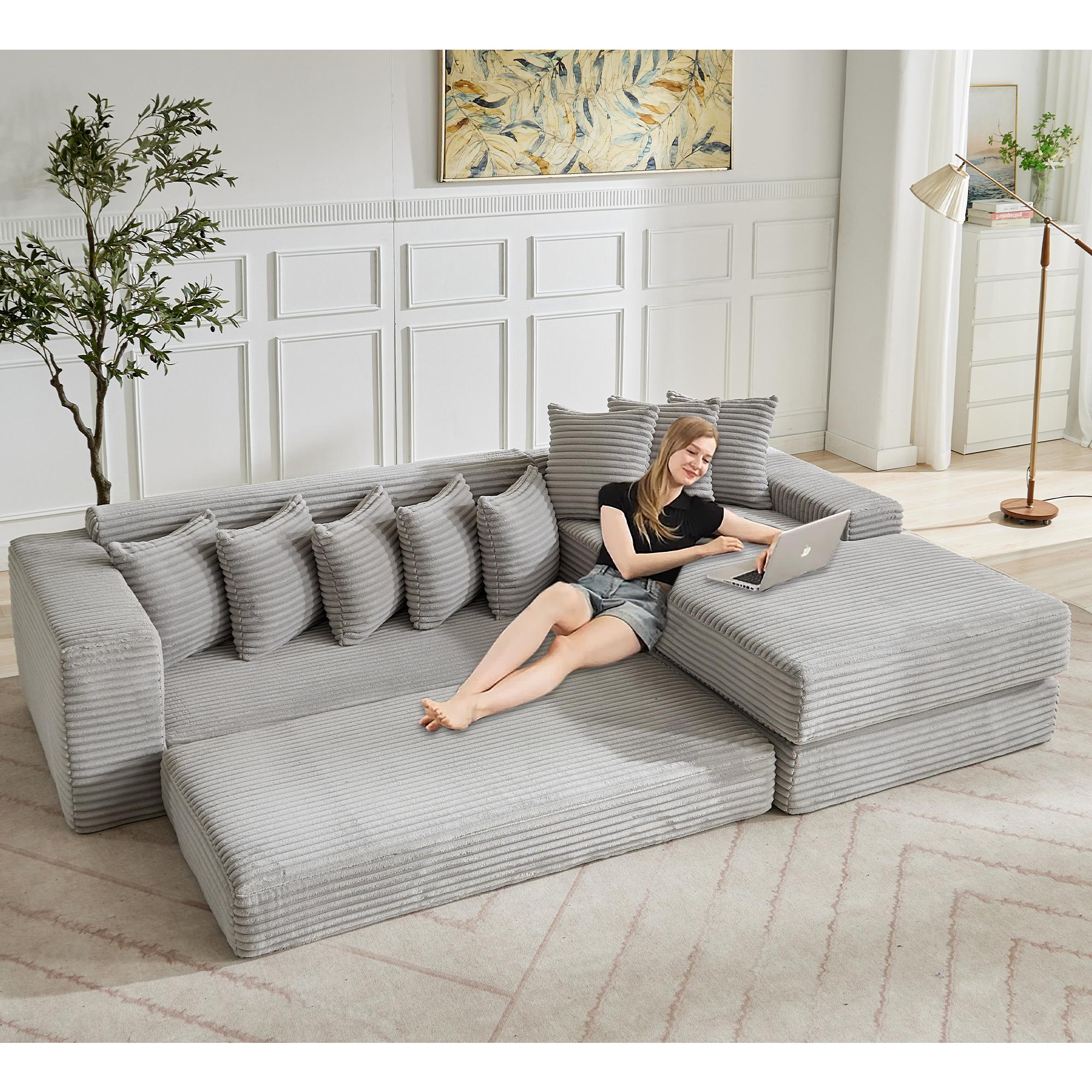 [NEW ARRIVED] [VIDEO PROVIDED] Oversize Cloud Couch, L-Shape Sofa, Convertible Floor Sleeper Sofa Bed, No Assembly ,Eight pillows,3-in-1,Magazine bag,(Right Facing Sofa),3 Seat,Corduroy,Light Gray