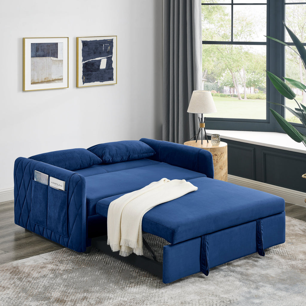 55' Modern Convertible Sofa Bed with 2 Detachable Arm Pockets, Velvet Loveseat Sofa with Pull Out Bed, 2 Pillows and Living Room Adjustable Backrest, Grid Design Armrests