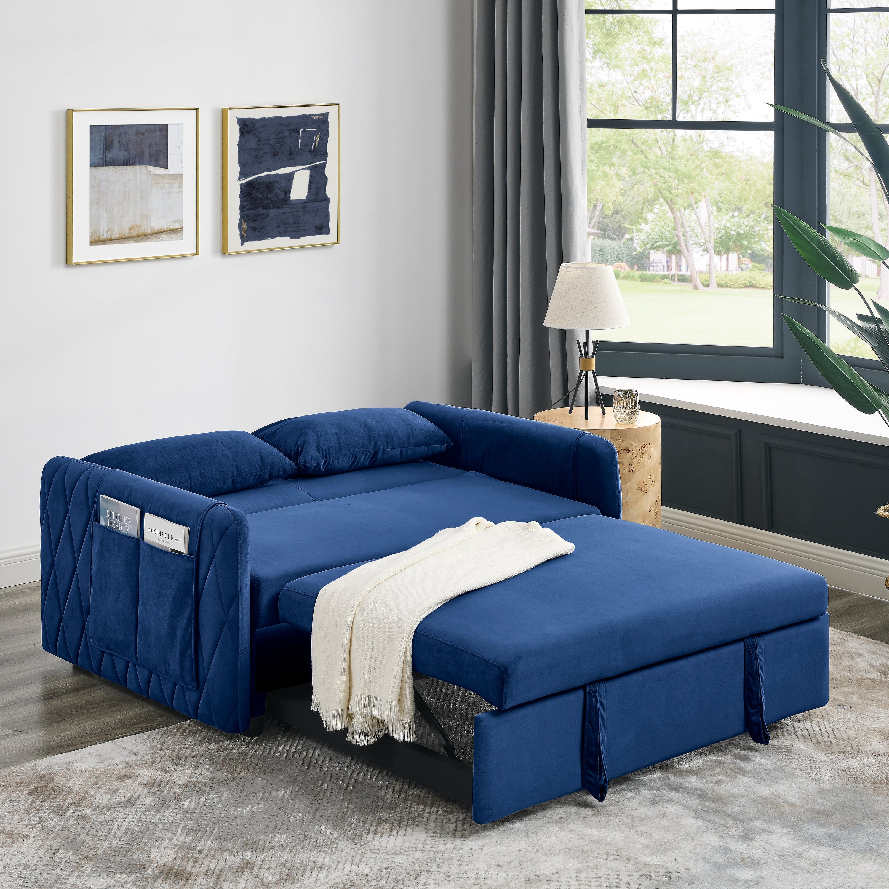 55' Modern Convertible Sofa Bed with 2 Detachable Arm Pockets, Velvet Loveseat Sofa with Pull Out Bed, 2 Pillows and Living Room Adjustable Backrest, Grid Design Armrests