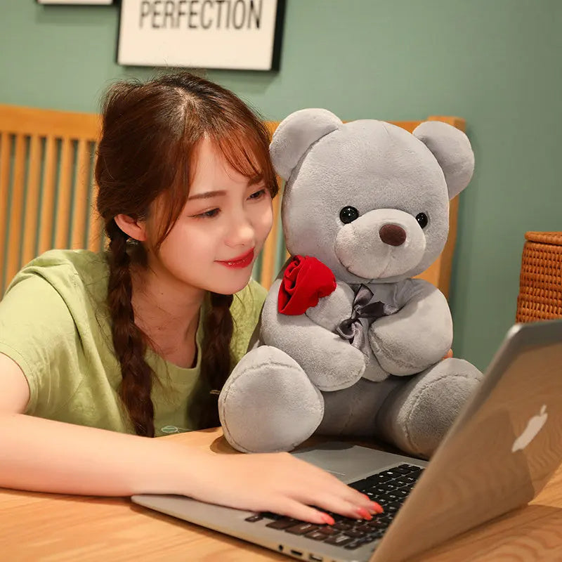 Plush Rose Teddy Bear – Soft Stuffed Animal Pillow Doll