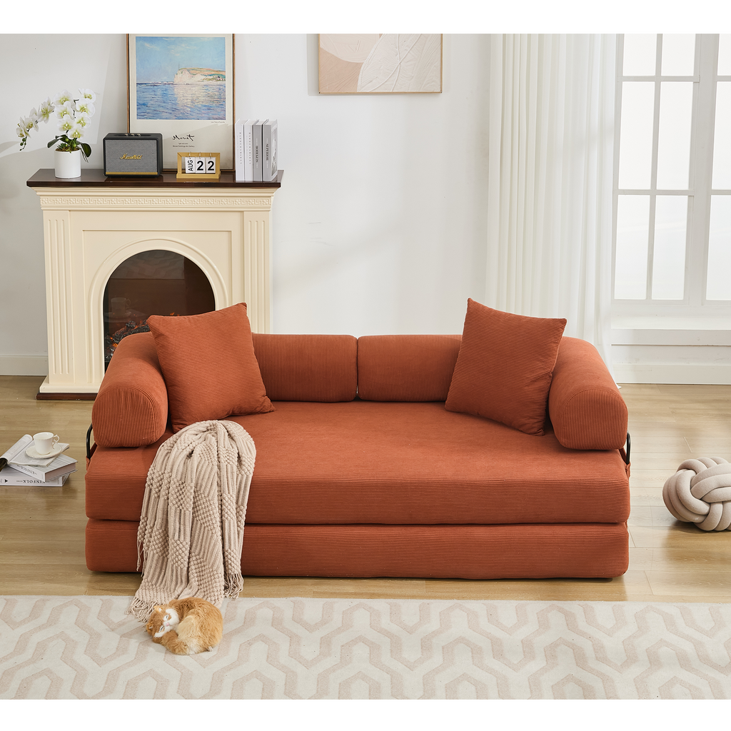 [NEW ARRIVED] [VIDEO PROVIDED] 78.5' Folding Convertible Out Sleeper Sofa Bed,4-in-1 DIY Combination Convertible Sofa, 3 seat, Folding Sleeper Sofa, King Size , Bedroom,Apartment,Corduroy,Orange