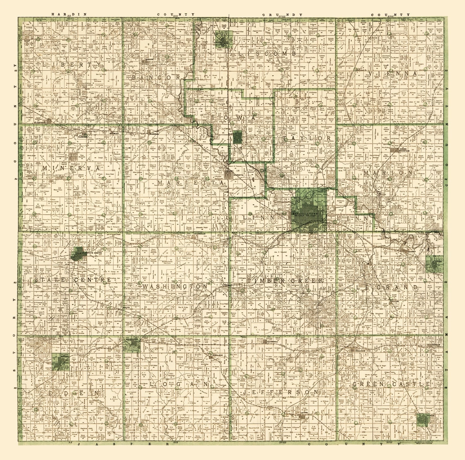 Vintage Map of Marshall County, Iowa 1896