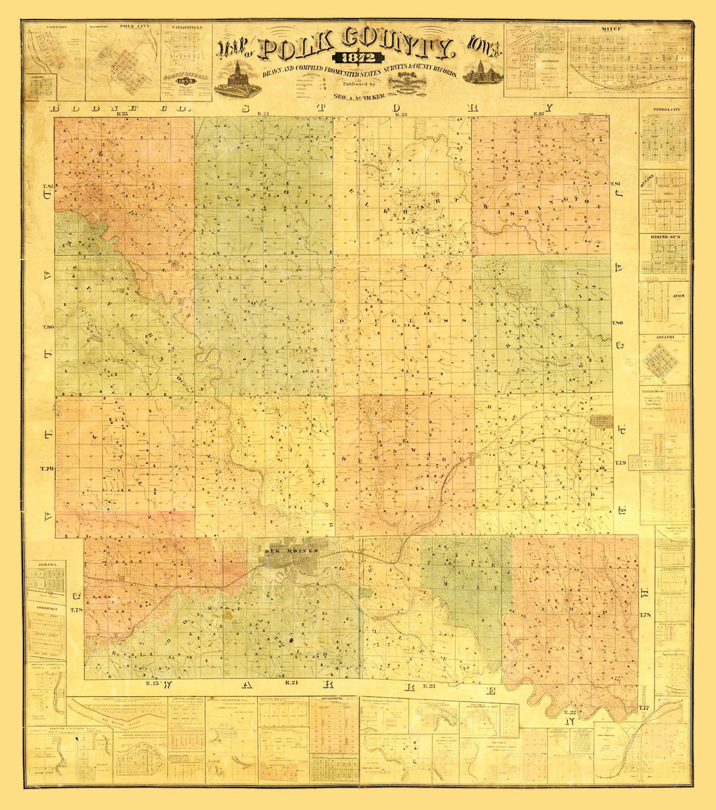 Vintage Map of Polk County, Iowa 1872