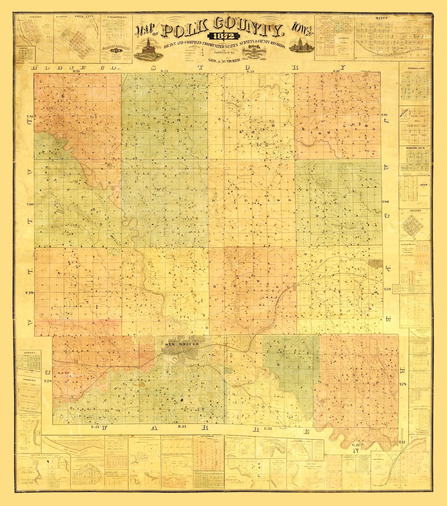 Vintage Map of Polk County, Iowa 1872