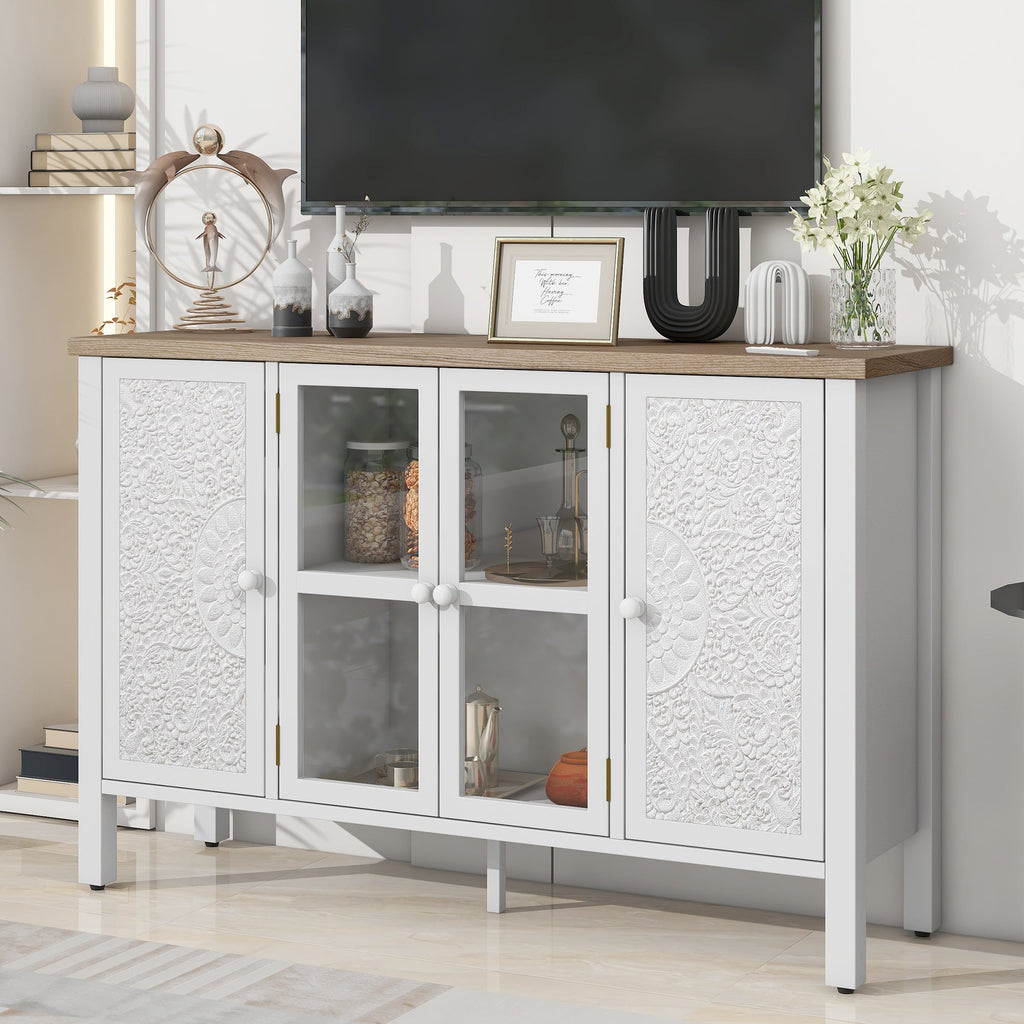 U-Can 47.2'' Retro TV Stand for TVs up to 43 Inches, Entertainment Center Media Console Cabinet with 3 Spacious Cabinets, Glass Cabinet Doors and Anti-tip Device for Living room