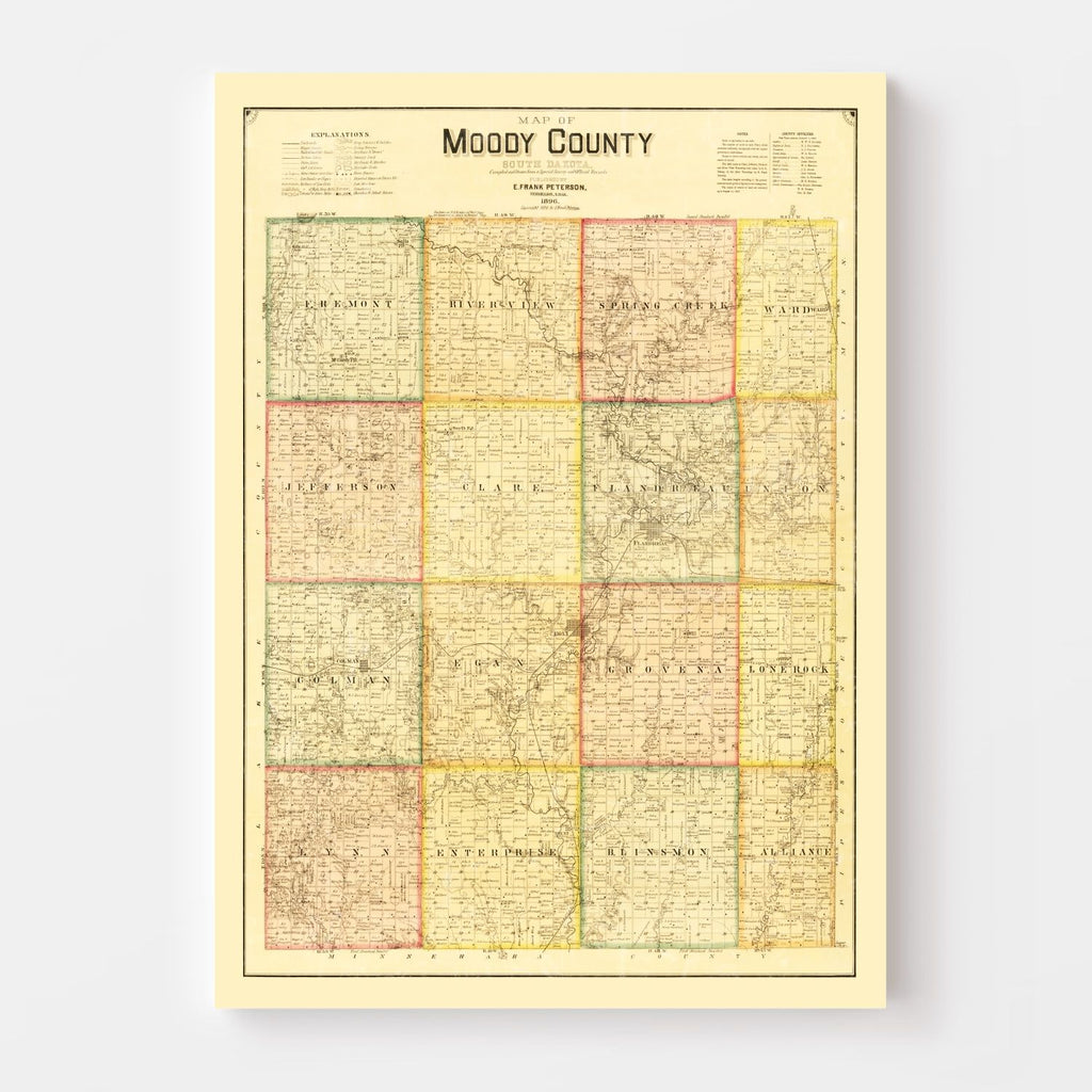 Vintage Map of Moody County, South Dakota 1896