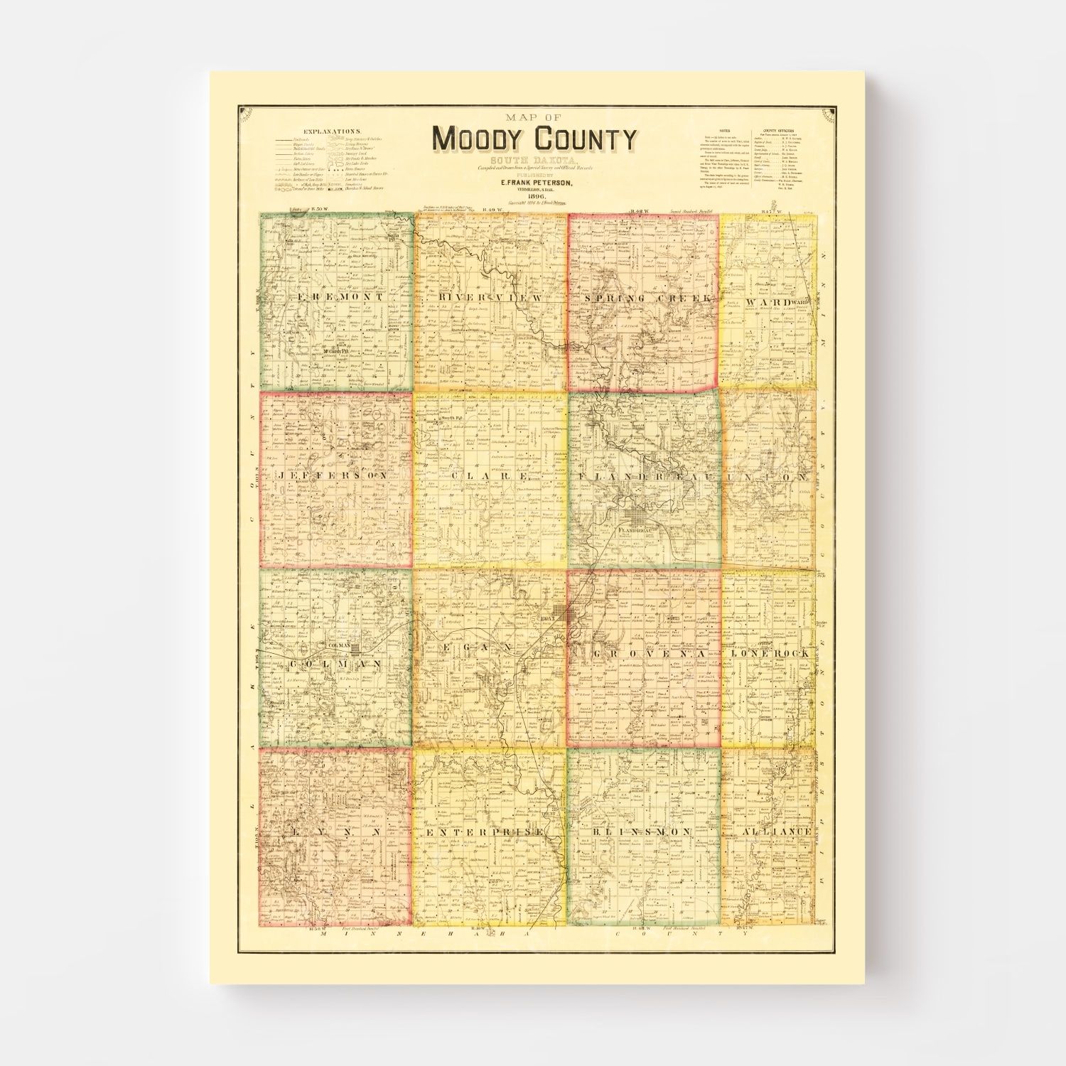 Vintage Map of Moody County, South Dakota 1896
