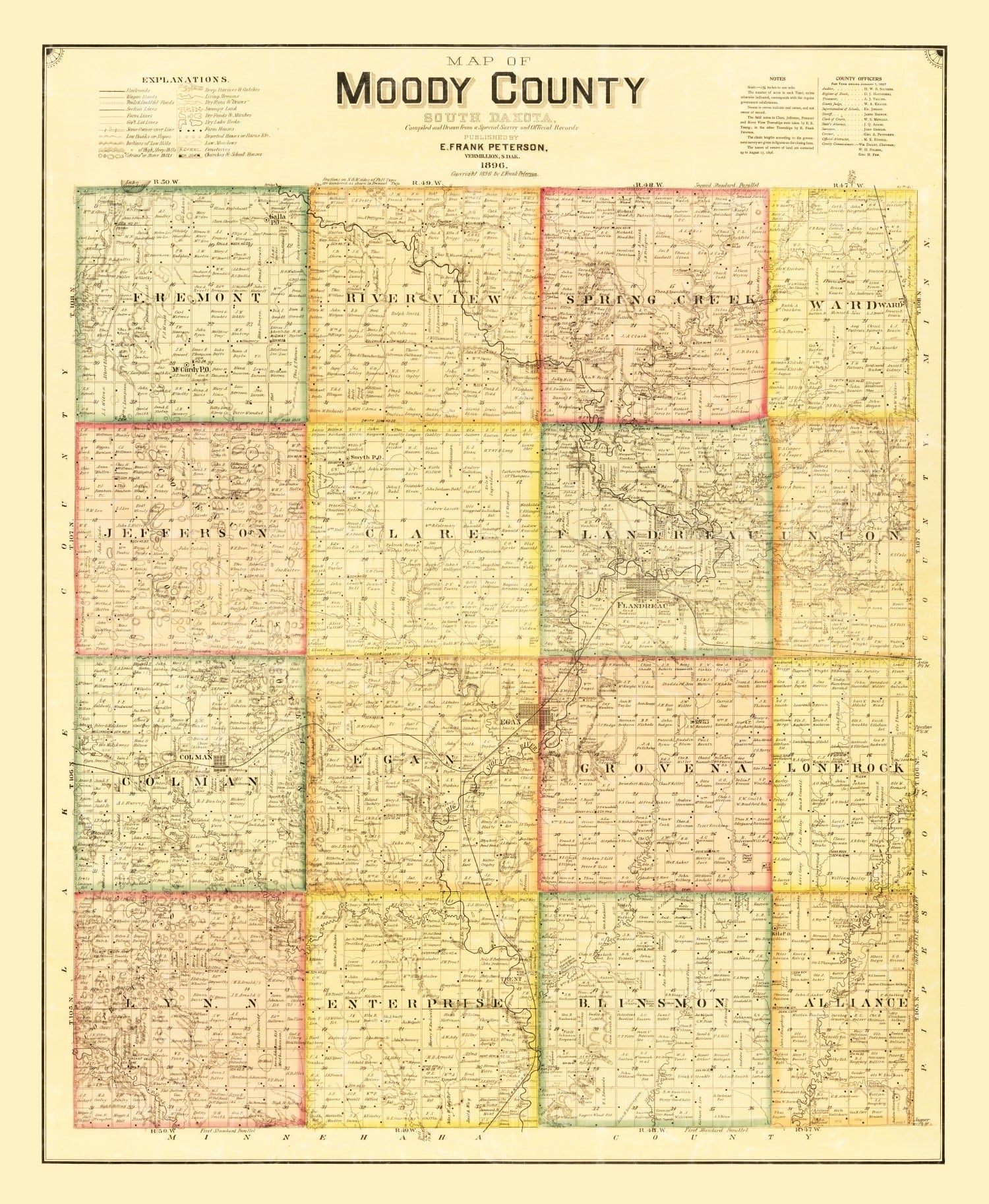 Vintage Map of Moody County, South Dakota 1896