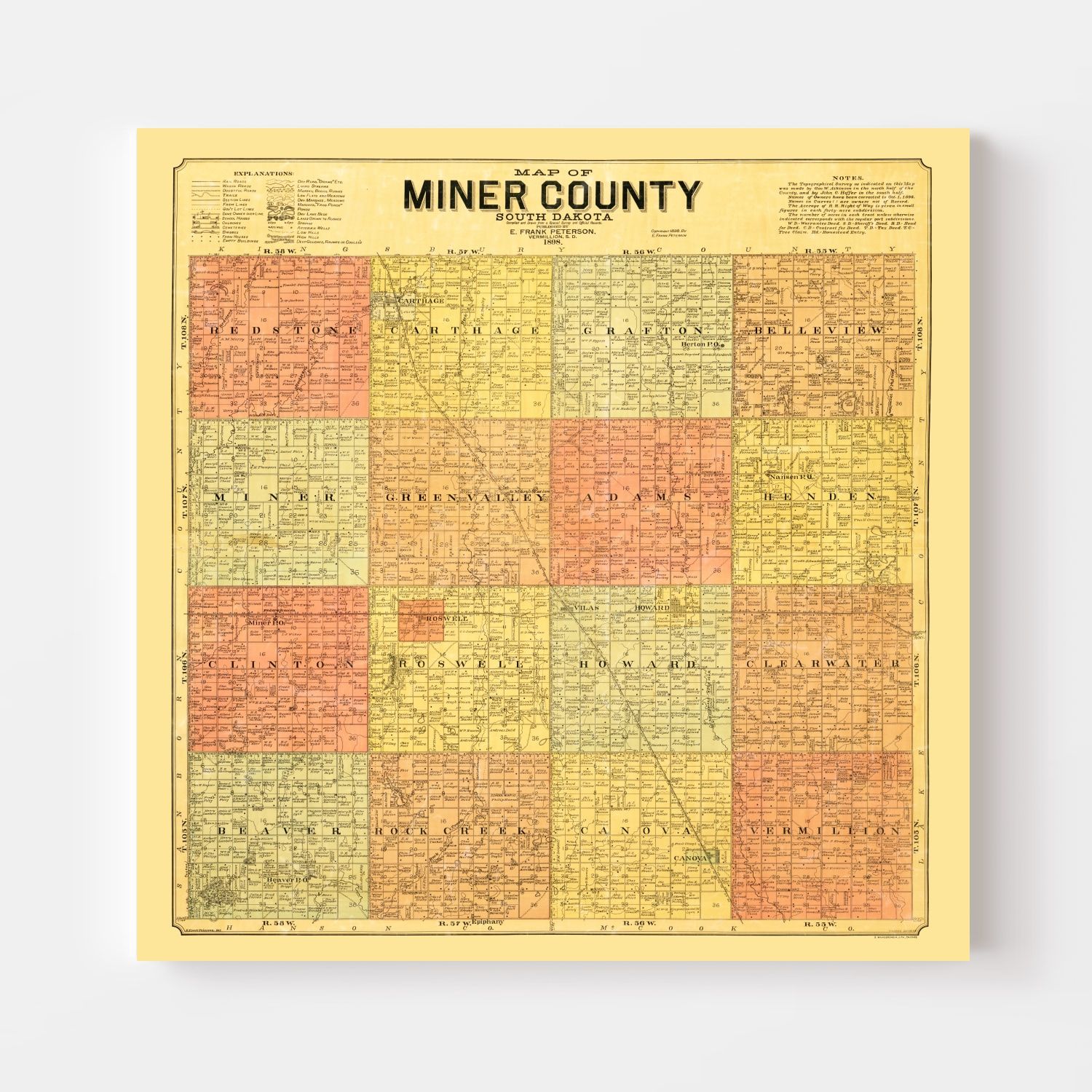 Vintage Map of Miner County, South Dakota 1898