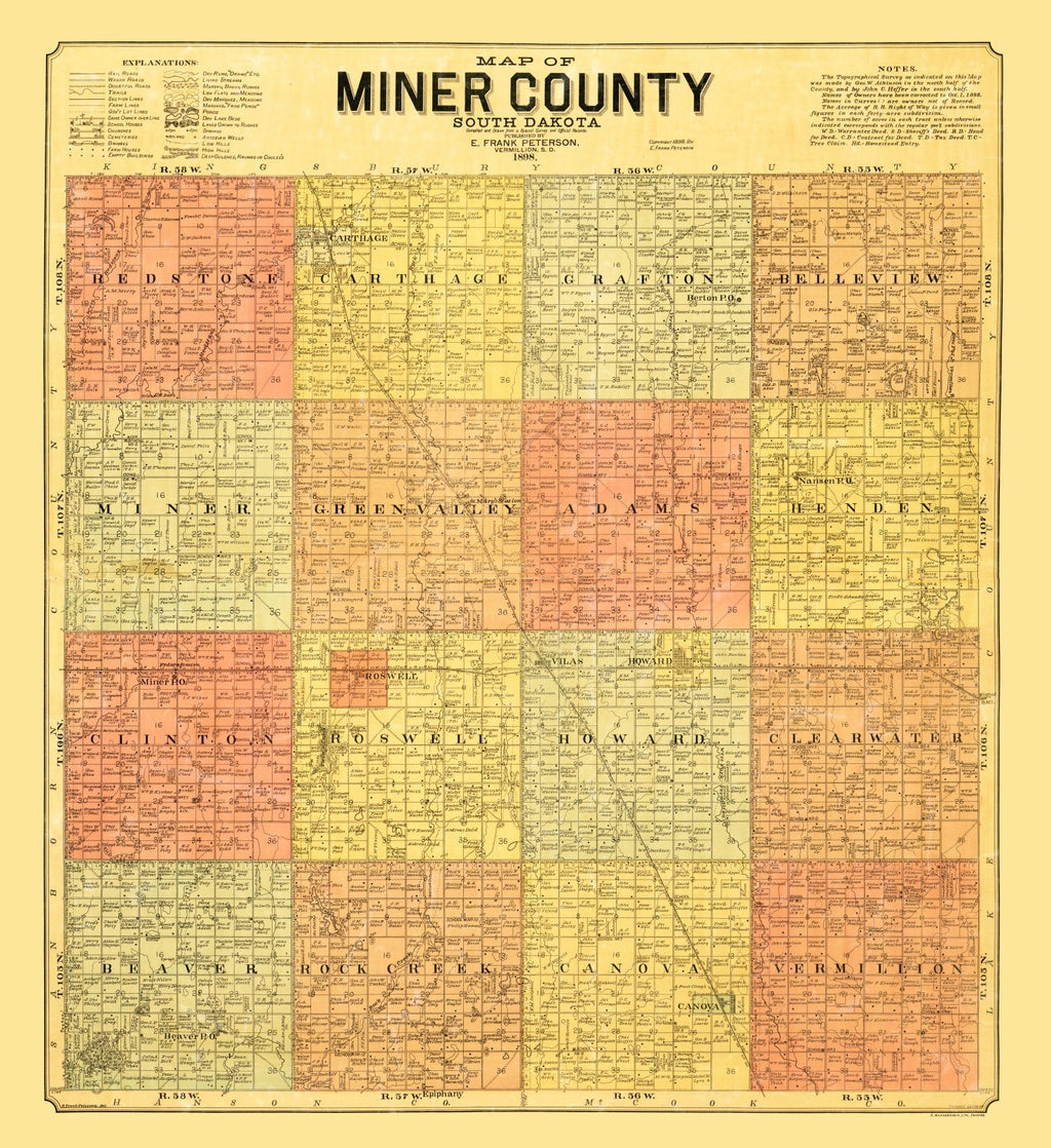 Vintage Map of Miner County, South Dakota 1898