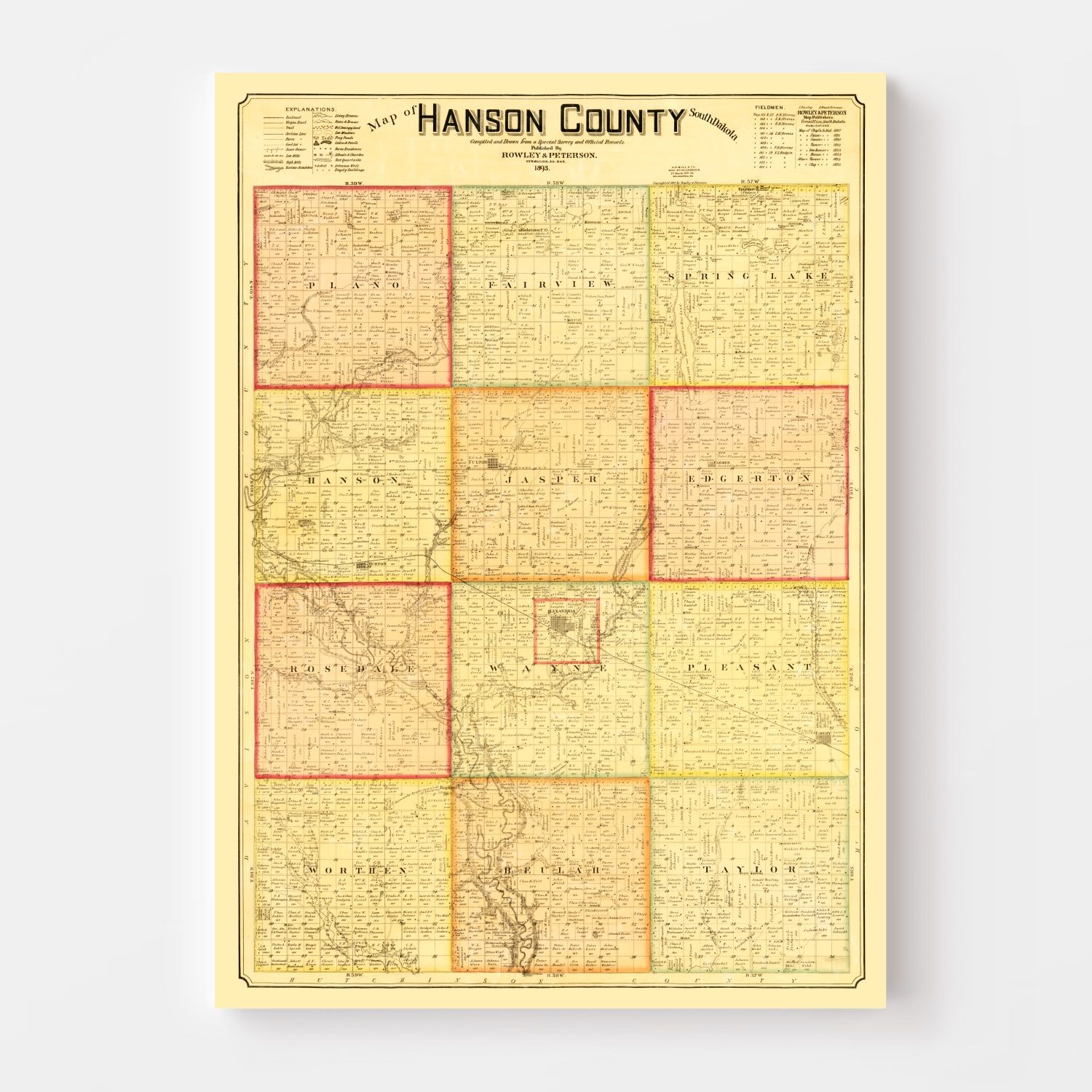 Vintage Map of Hanson County, South Dakota 1893