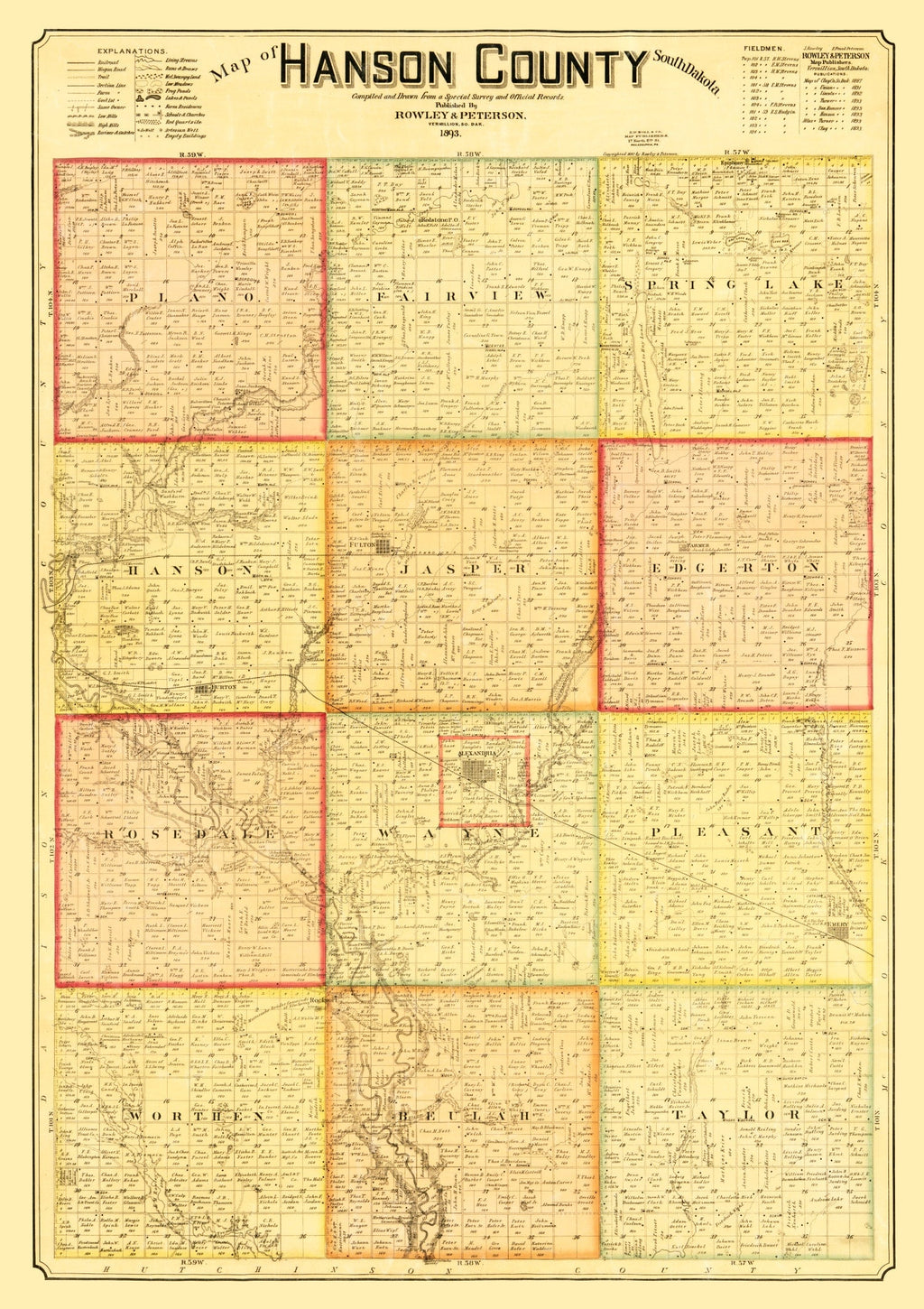 Vintage Map of Hanson County, South Dakota 1893
