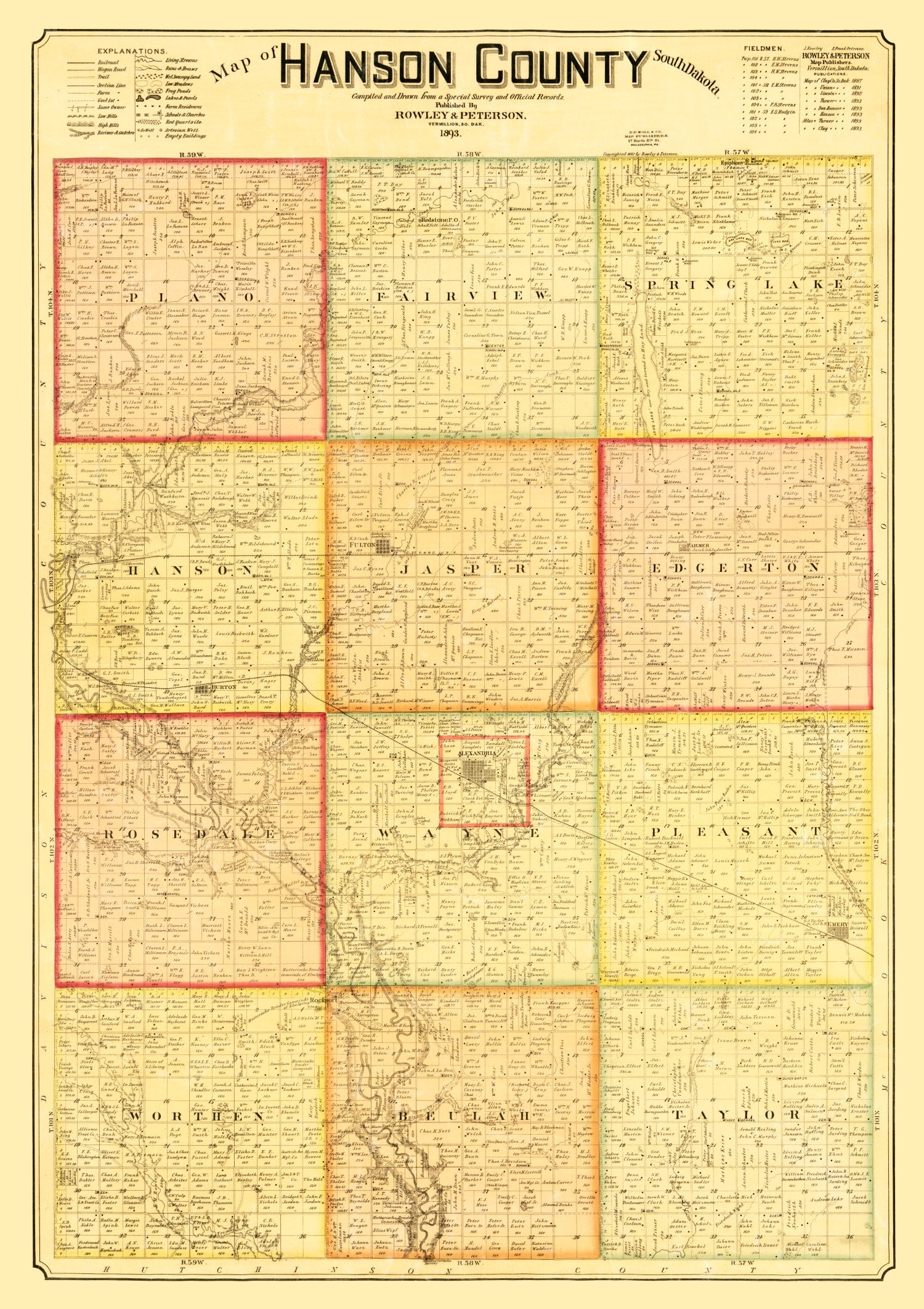 Vintage Map of Hanson County, South Dakota 1893