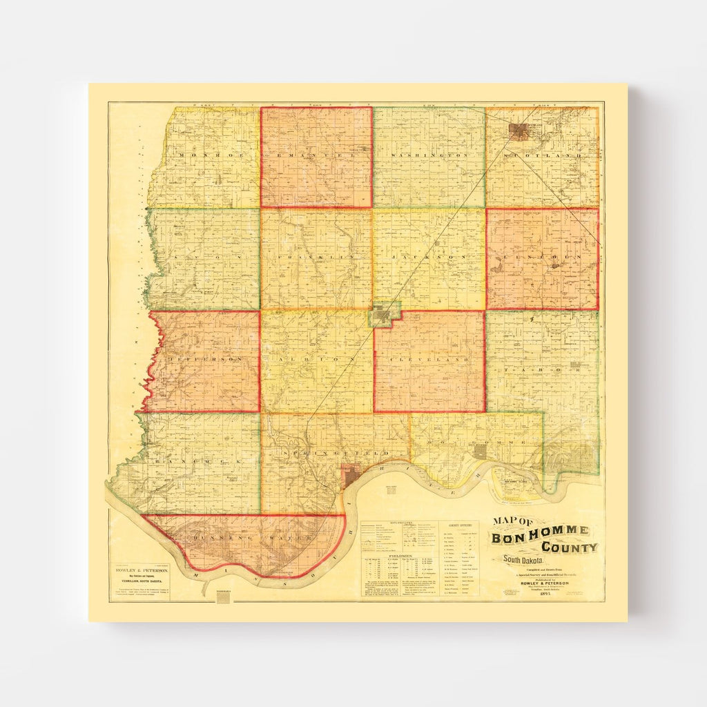 Vintage Map of Bon Homme County, South Dakota 1893