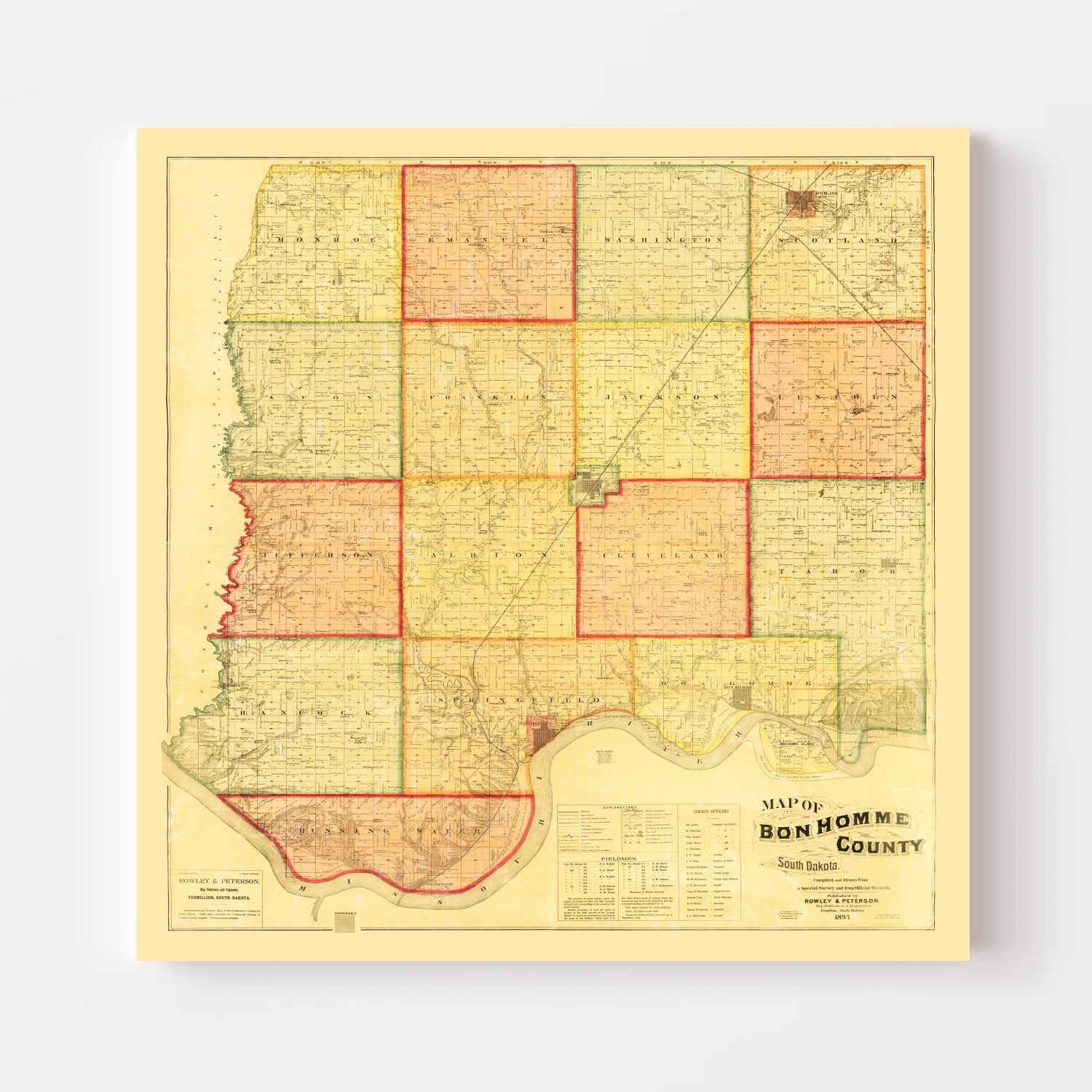 Vintage Map of Bon Homme County, South Dakota 1893