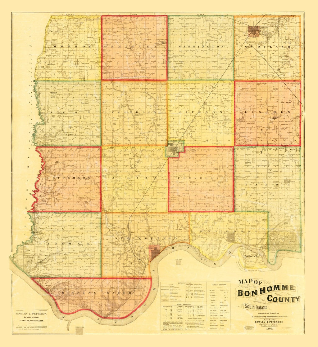 Vintage Map of Bon Homme County, South Dakota 1893