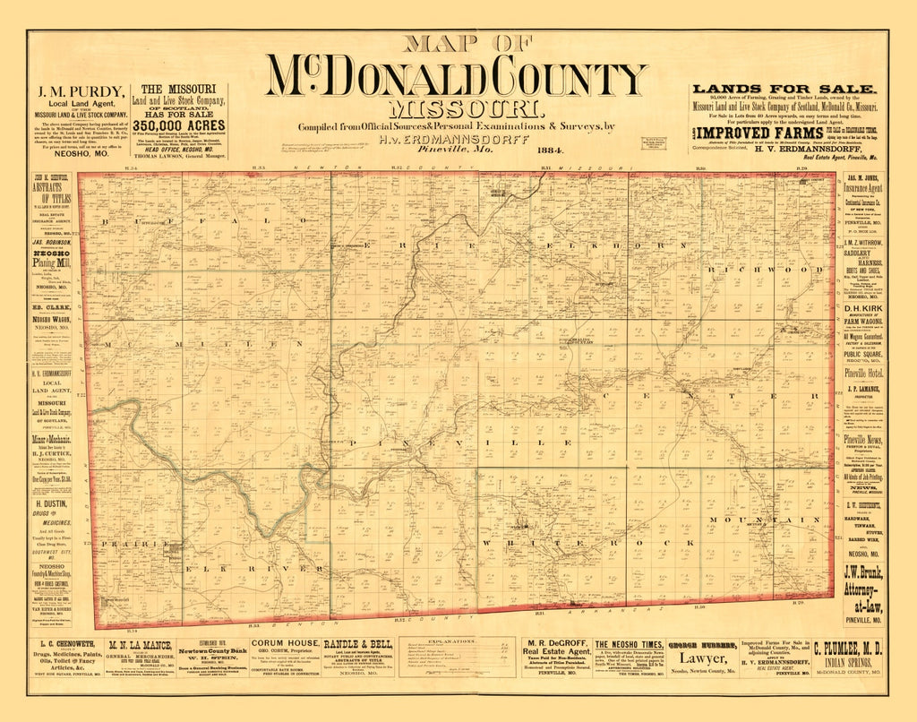 Vintage Map of McDonald County, Missouri 1884