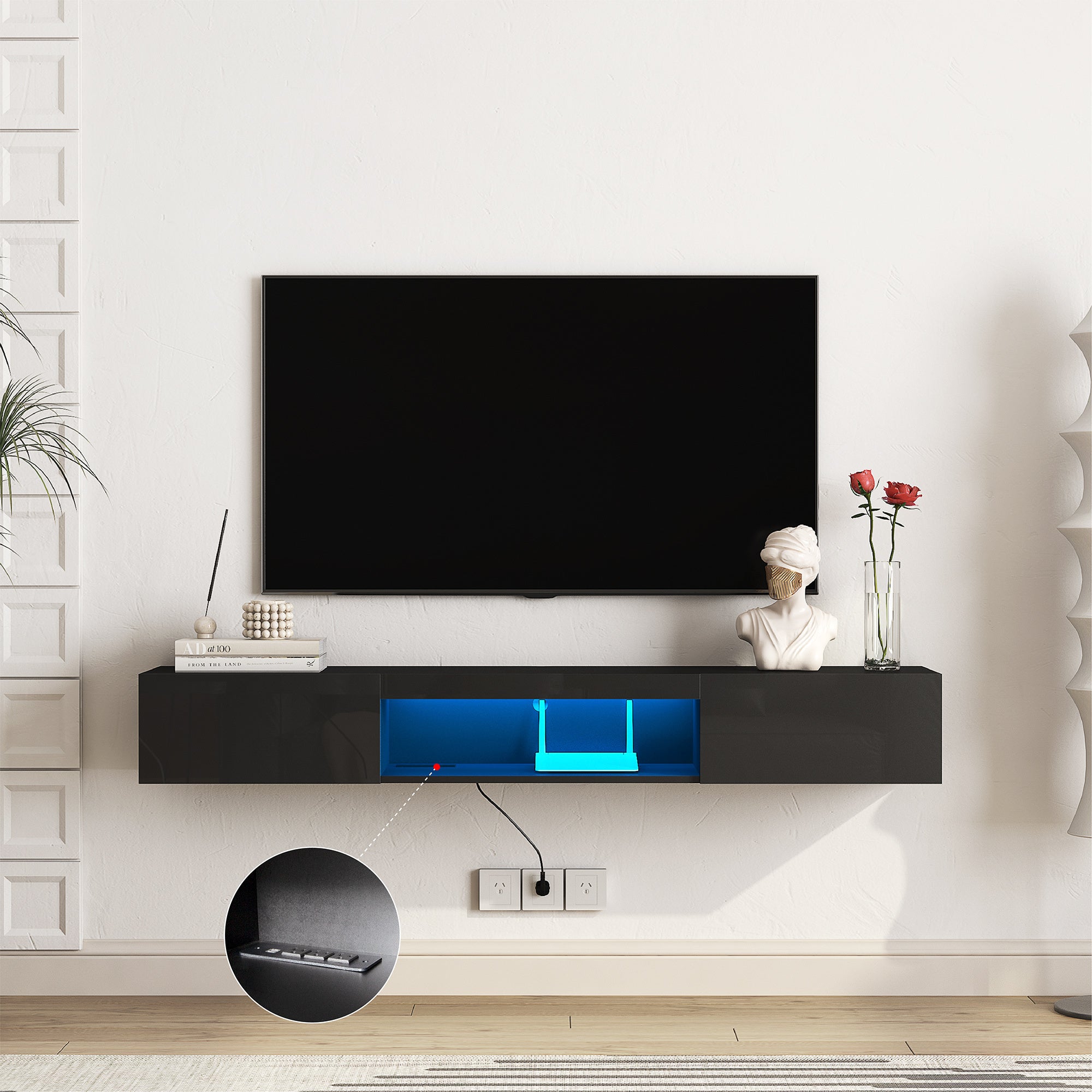 Floating TV Stand Wall Mounted with 16 Color LEDs,63' Modern TV Stand, Floating TV Cabinet Entertainment Center for 55 60 65 Inch TV,Black