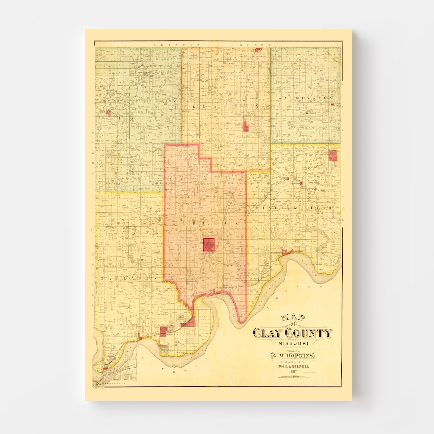 Vintage Map of Clay County, Missouri 1887
