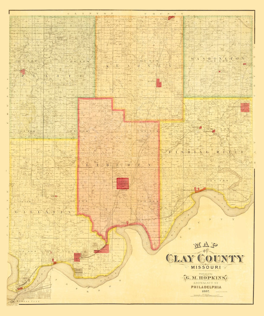 Vintage Map of Clay County, Missouri 1887