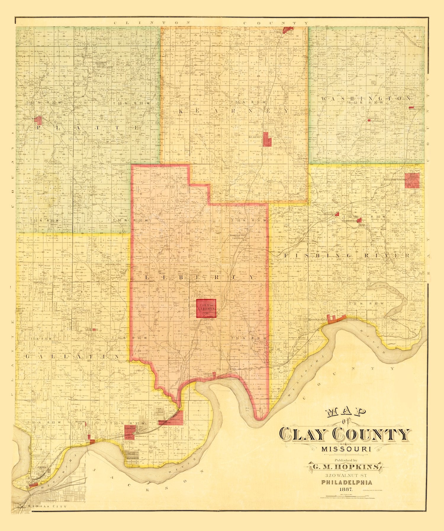 Vintage Map of Clay County, Missouri 1887