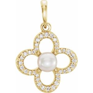 14K Yellow Gold Cultured White Freshwater Pearl & 1/6 CTW Natural Diamond Clover Clover Pendant