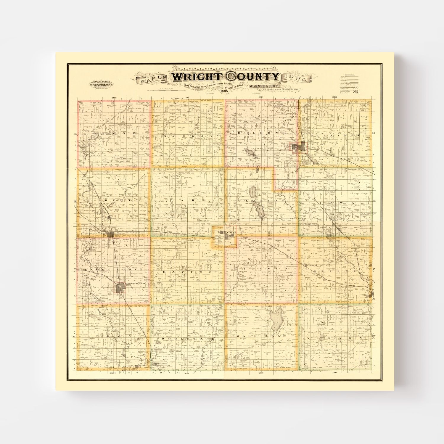 Vintage Map of Wright County, Iowa 1885