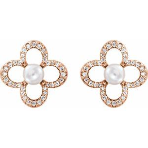 14K Rose Gold Cultured White Freshwater Pearl & 1/4 CTW Natural Diamond Earrings