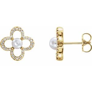 14K Yellow Gold Cultured White Freshwater Pearl & 1/4 CTW Natural Diamond Earrings