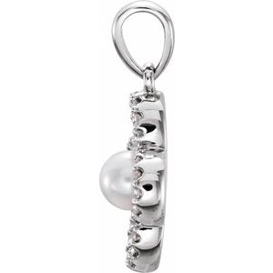 14K White Gold Cultured White Freshwater Pearl & 1/8 CTW Natural Diamond Clover Pendant